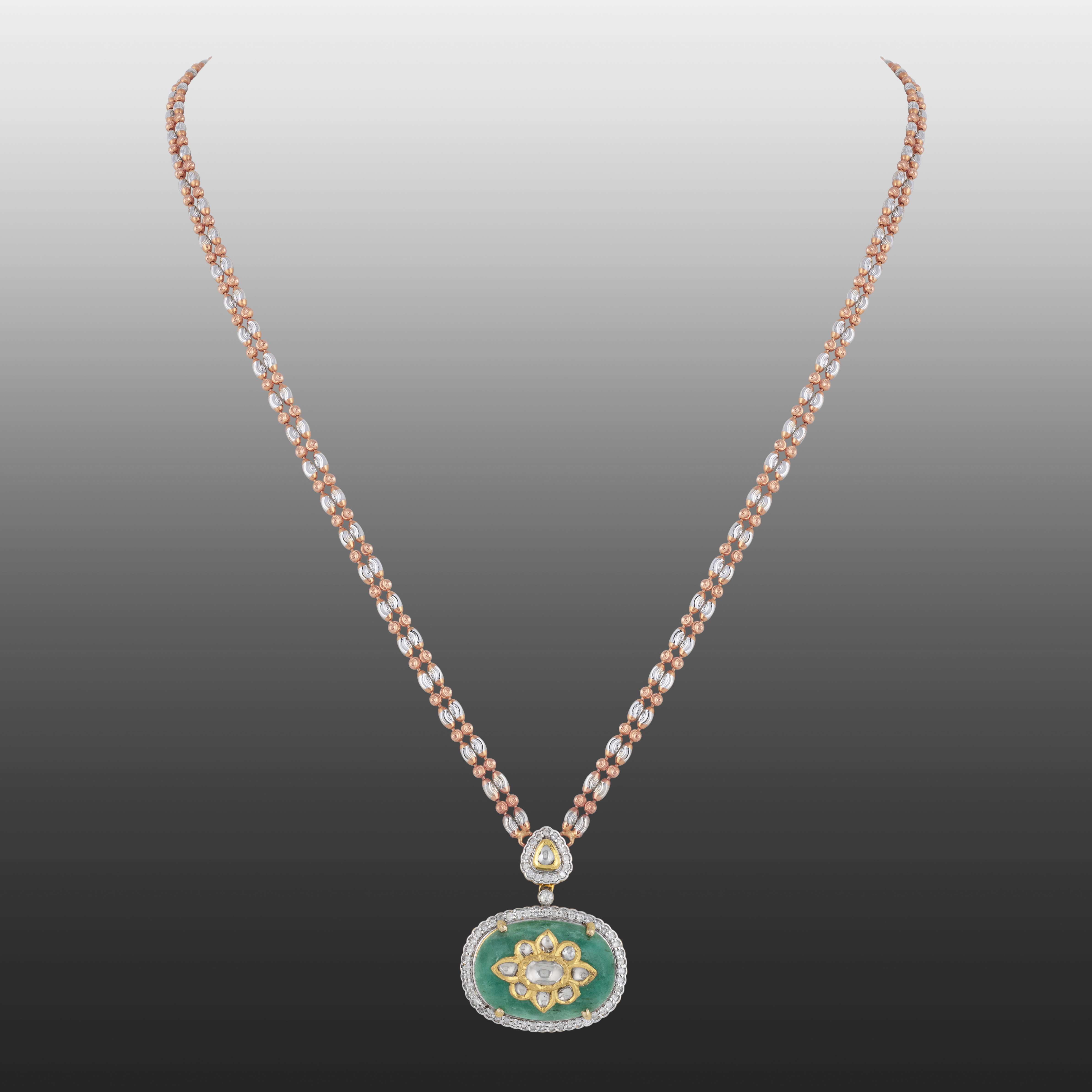 Green Stone Jadau Pendant with Diamond Halo and Fusion Chain